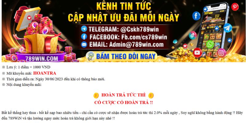 Hoàn trả 2.0% cược thua tức thì nhận tiền ngay lập tức